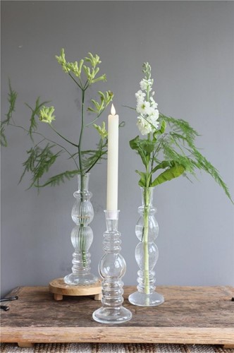 Gekleurd glazen flesje Florence vaasje,kandelaar Clear  / stuk Florence bottle 28 cm hoog Ø 9 cm diameter