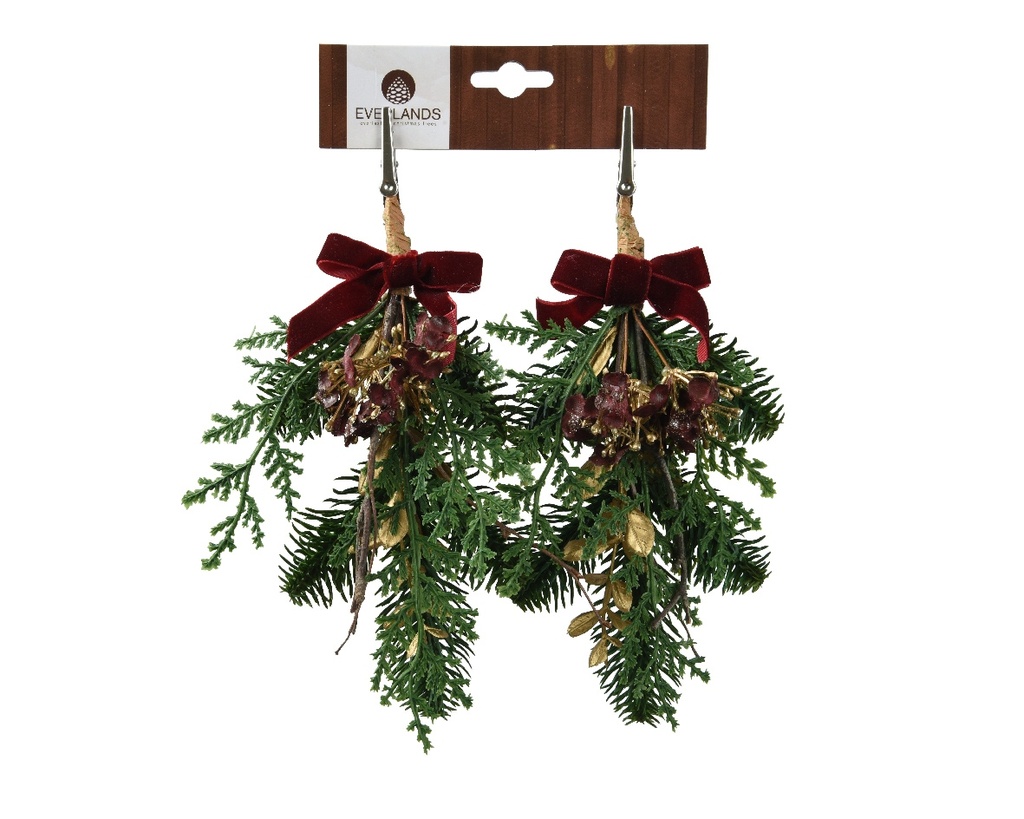 Kersthanger Steker Wintergroen en Fluweel 24 cm met clip Per Stuk