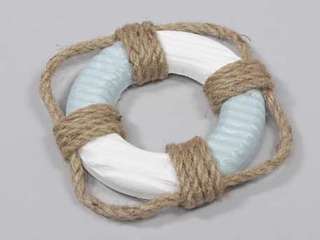 Reddingsboei Hout Maritiem Blauw/Wit met Dik Touw 11 cm
