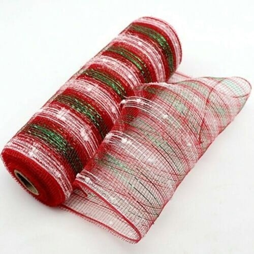 Decomesh Metallic 11 Rood Wit Groen streep 26 cm rol 9 meter voor kransen en inpakken