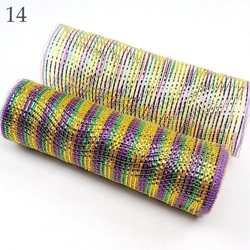 Decomesh Metallic 14 Paars Geel Groen strepen 26 cm rol 9 meter voor kransen en inpakken