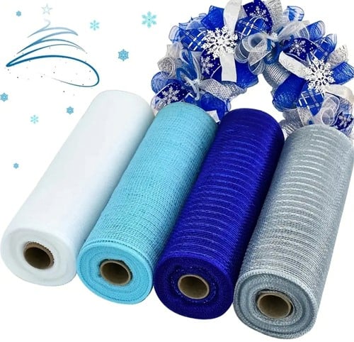 Decomesh Metallic Set Blauw Wit Zilvertinten 26 cm rol 9 meter 4 rollen voor kransen en inpakken