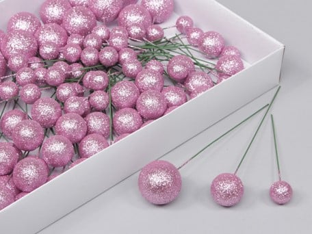 Ballen Roze glitter op draad 20/30/40 mm doos 100 stuks
