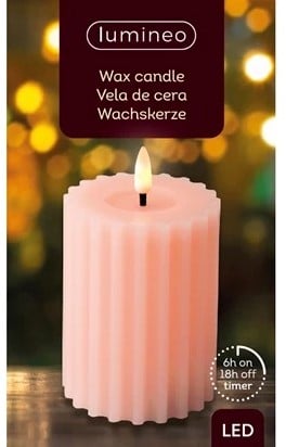LEDkaars Wax Steady Binnen Ribbel Lumineo Zachtroze Warm Wit Ø7,5 cm H 12,3 cm per stuk