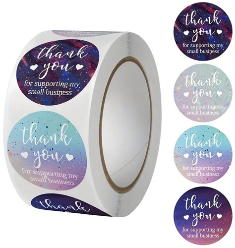 Sluitstickers Thank you for Supporting My Small Business Blauwtinten etiket rol 500 labels