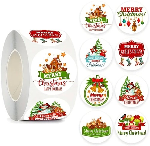 Sluitstickers Kerstetiketten Merry Christmas Happy Holiday kerst rond etiket 2,5 cm rol 500 labels