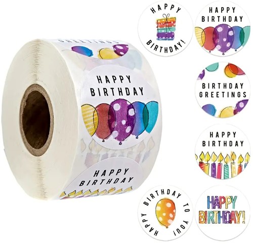 Sluitstickers Happy birthday ballonnen kaarsjes rond etiket 2,5 cm rol 500 labels