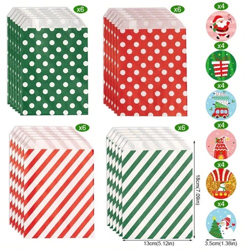 Kerst kraft papieren zakjes met stickers Rood Groen Punt Streep 24 stuks