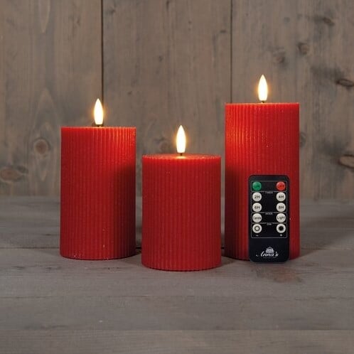 LEDkaars 3D Flame Wax Candle Ribbel Rood Anna's Collection met afstandsbediening 7,5x10/12,5/15 cm 3 stuks