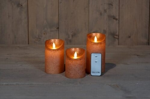 LEDkaars 3D Flame Wax Candle Rustiek Koper Anna's Collection met afstandsbediening 7,5x10/12,5/15 cm 3 stuks