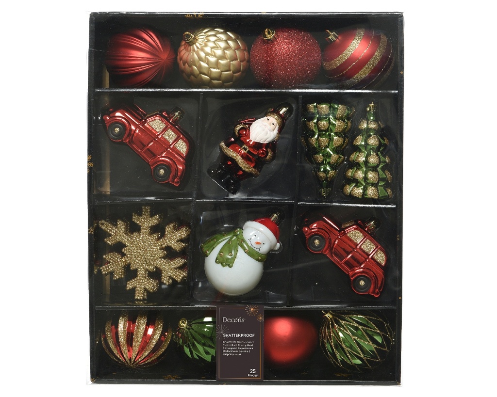 Kerstballen 8 cm Rood Groen Goud mix onbreekbaar doos 25 stuks
