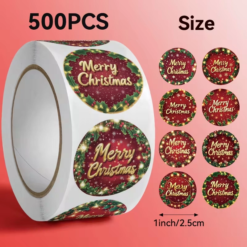 Sluitstickers kerstetiketten Merry Christmas Hulstblad en lichtjes rond etiket 2,5 cm rol 500 labels 