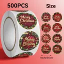 Sluitstickers kerstetiketten Merry Christmas Hulstblad en lichtjes rond etiket 2,5 cm rol 500 labels 