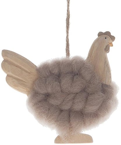 [A-013574] Houten Kip Hen Wol Pashm Hangend 9,5x10x2,5 cm