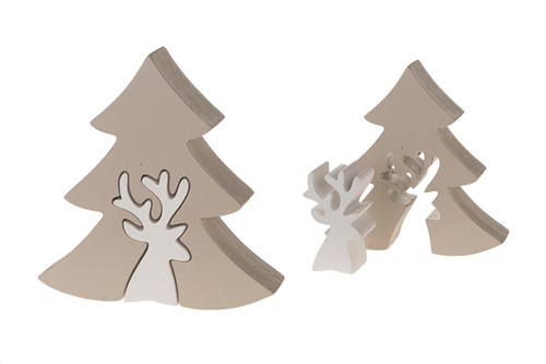 [A-014083] Houten Rendier in dennenboom Taupe/Wit 11,5x2,5 cm
