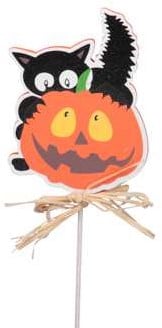 [A-023252] Bijsteker Halloween hout Kat en pompoen Oranje/Zwart ca. 6x7,5 cm pak 10