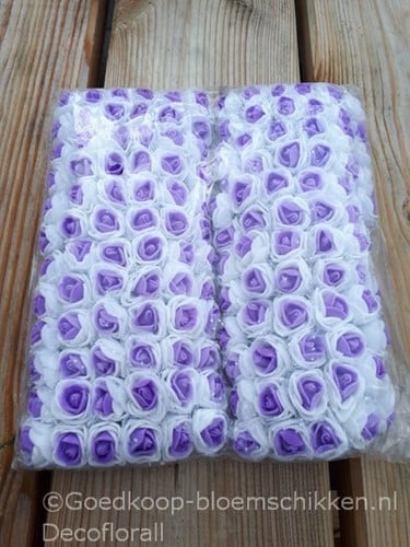 [A-016328] Mini Foam Roos met Tule Wit Paars Hart 2 cm Bulk Pak 144 stuks