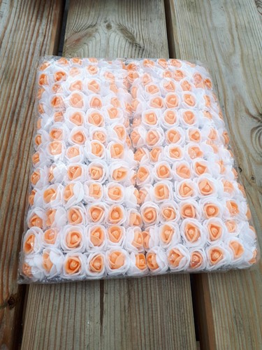 [A-016329] Mini Foam Roos met Tule Wit Oranje Hart 2 cm Bulk Pak 144 stuks