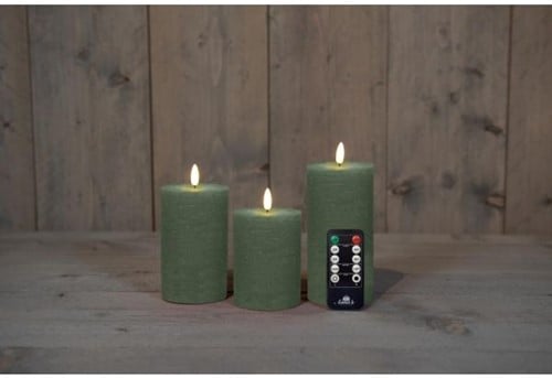 [A-027243] LEDkaars 3D Flame Wax Candle Rustiek Jade Groen Anna's Collection met afstandsbediening 7,5x10/12,5/15 cm 3 stuks