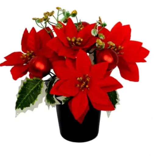 [A-027832] Kerstster Kerstroos Zijden Poinsettia met Hedera klimop en Ballen Rood goud in pot