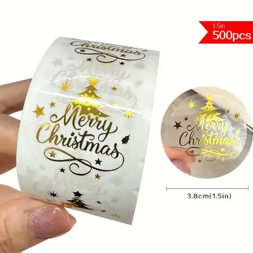 [A-027850] Sluitstickers grotere kerstetiketten Chique Merry Christmas Goudfolie Transparant rond etiket 3.8 cm rol 500 labels 
